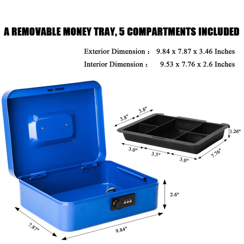 Jssmst Large Cash Box with Combination Lock â€“ Durable Metal Cash Box with Money Tray Blue(9.8 x 7.9 x 3.5), SM-CB07002L - Image 3